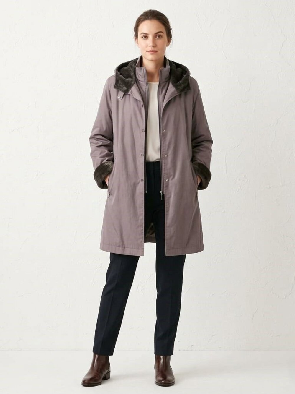 Vintage Nuage Womens XL Taupe Gray Winter Coat Hooded Funnel Neck Parka Faux Fur
